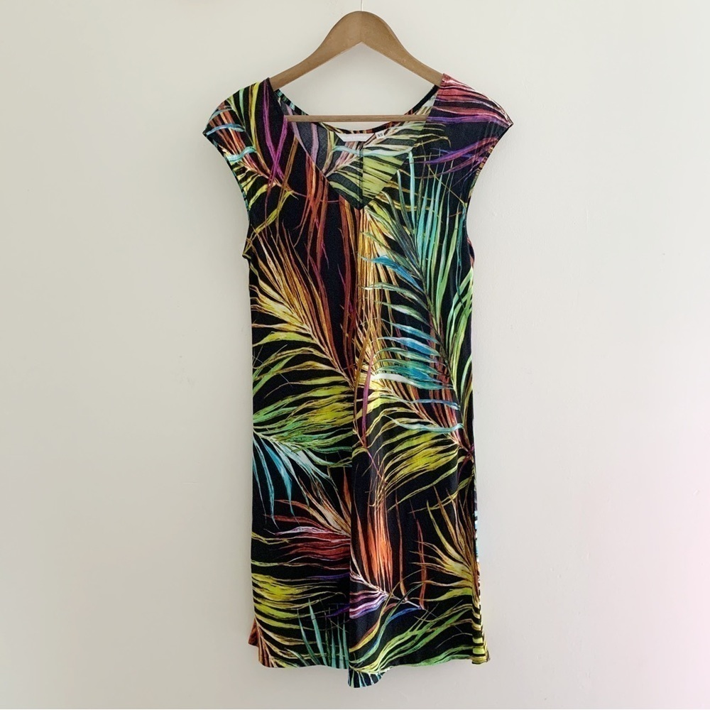 Jams World Black Areca Palm Leaf Shift Dress XS Hawaiian Tropical